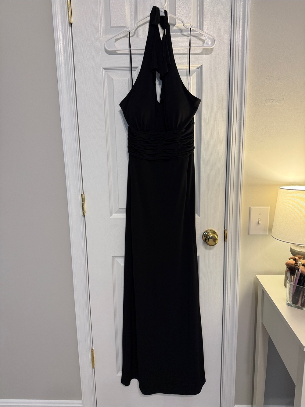 Elegant Black Plunge Halter Evening Dress, Size 12 Prom Military Ball Black Tie